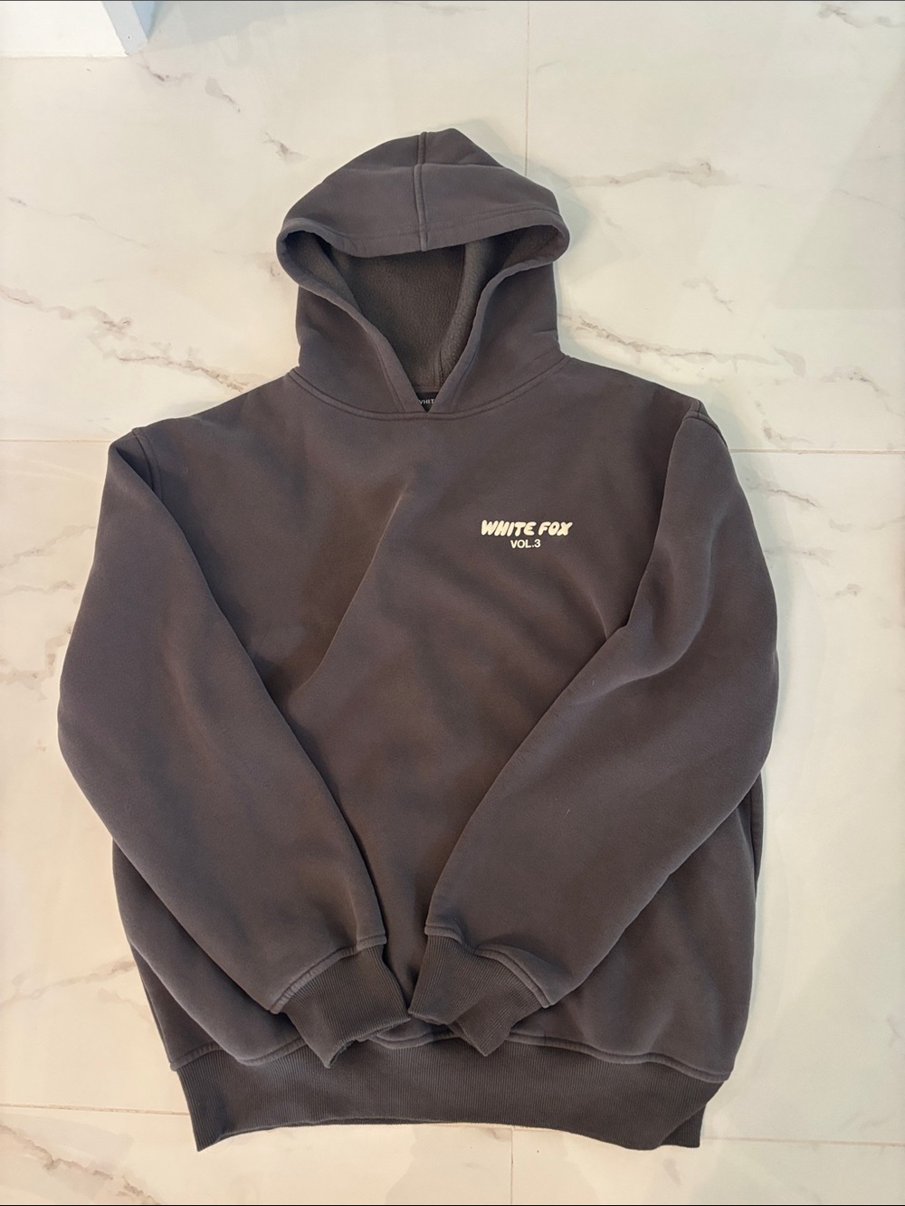 White Fox Boutique Charcoal Hoodie with cream Logo